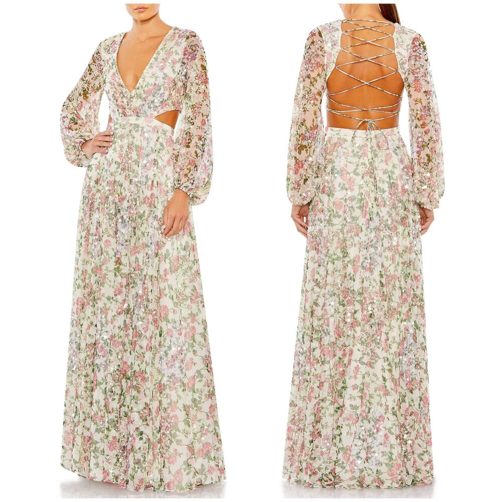 Mac Duggal NWT Sequined Floral Print Cut Out Lace Up Gown Size 0 Plunge Neck